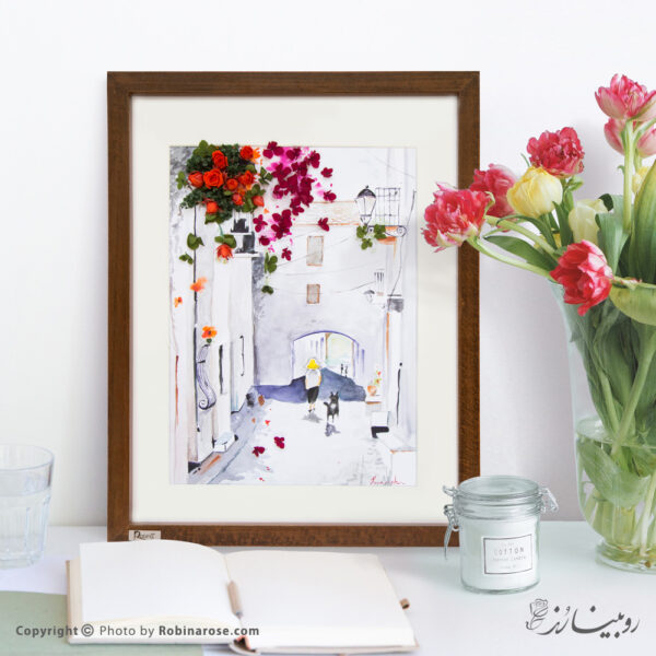 نقاشی آبرنگ کلاژ شده با گل‌های رز مینیاتوری جاودان
