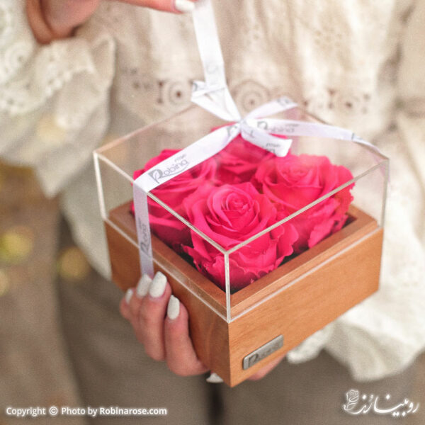 باکس گل جاودان روبینا رز با چهار عدد گل رز هلندی به رنگ صورتی پررنگ