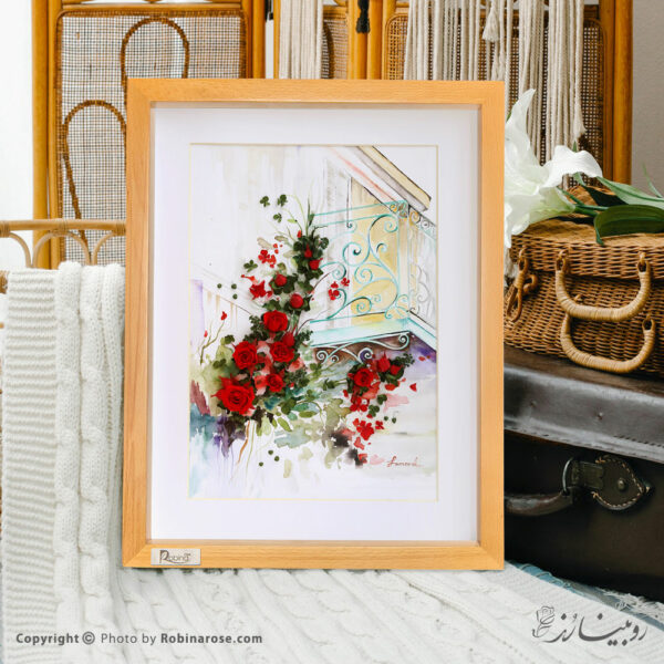 نقاشی آبرنگ کلاژ شده با گل‌های رز مینیاتوری جاودان
